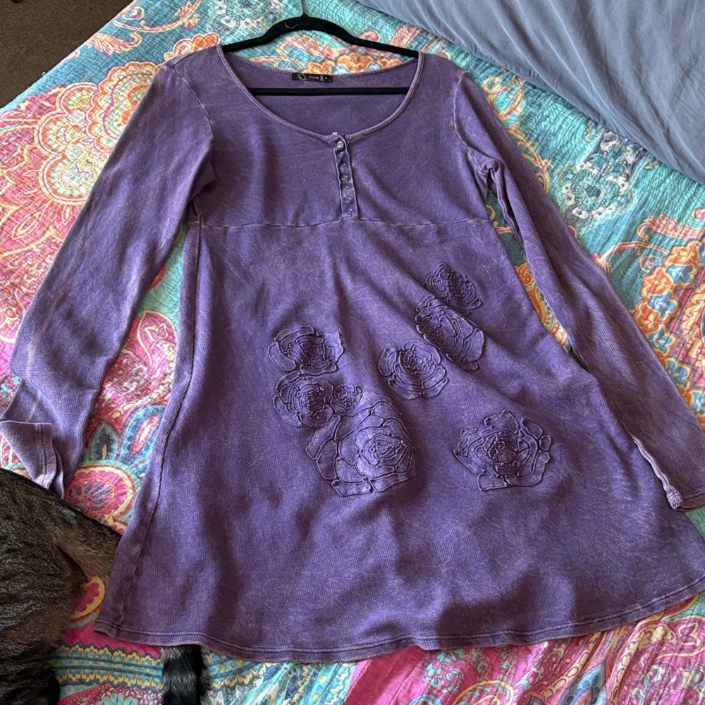 Purple Long Sleeve Dress with Floral Design